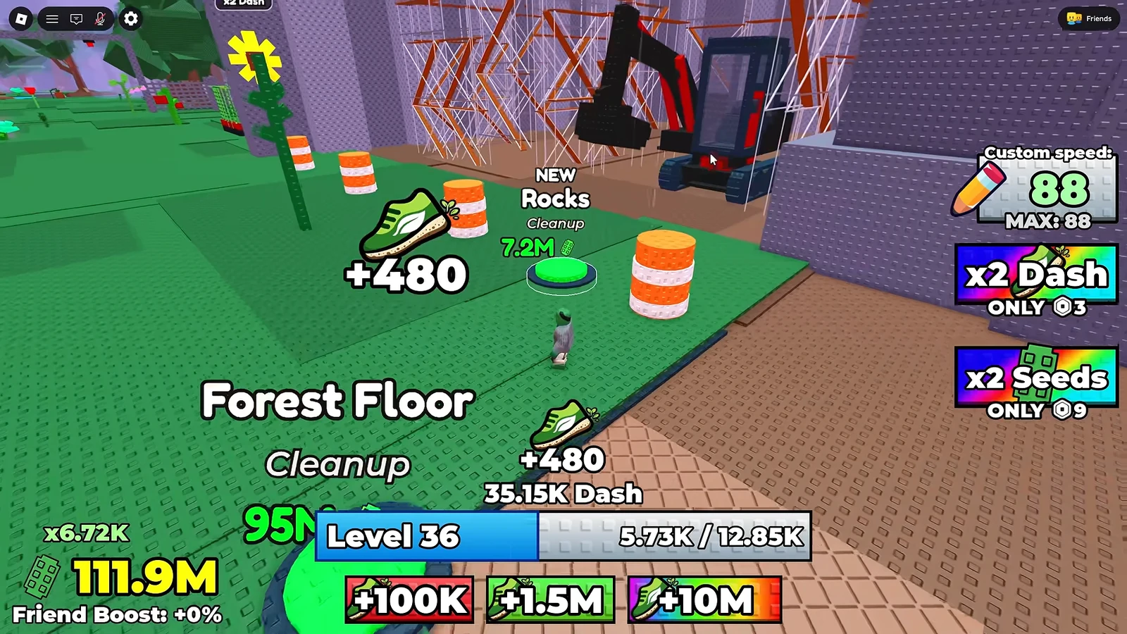 Green Rocks Cleanup pad being activated during Forest Floor Cleanup, paying out a plus 480 reward