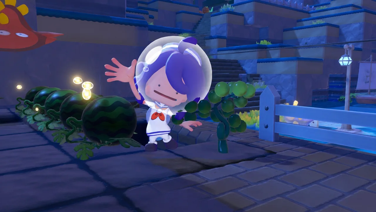 Ditto posed next to Sea Grapes and Watermelon in Pokemon Pokopia