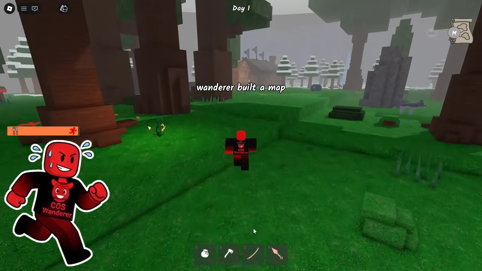 Day 1 forest map with the Wanderer avatar and inventory hotbar visible