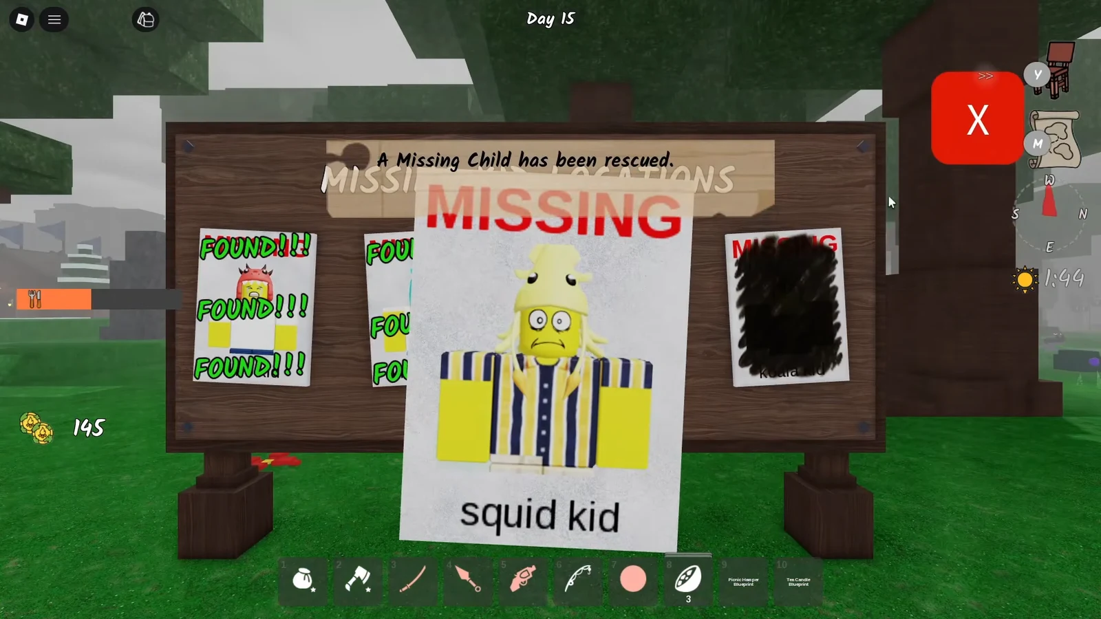 Missing Persons board with a rescued Squid kid card marked found