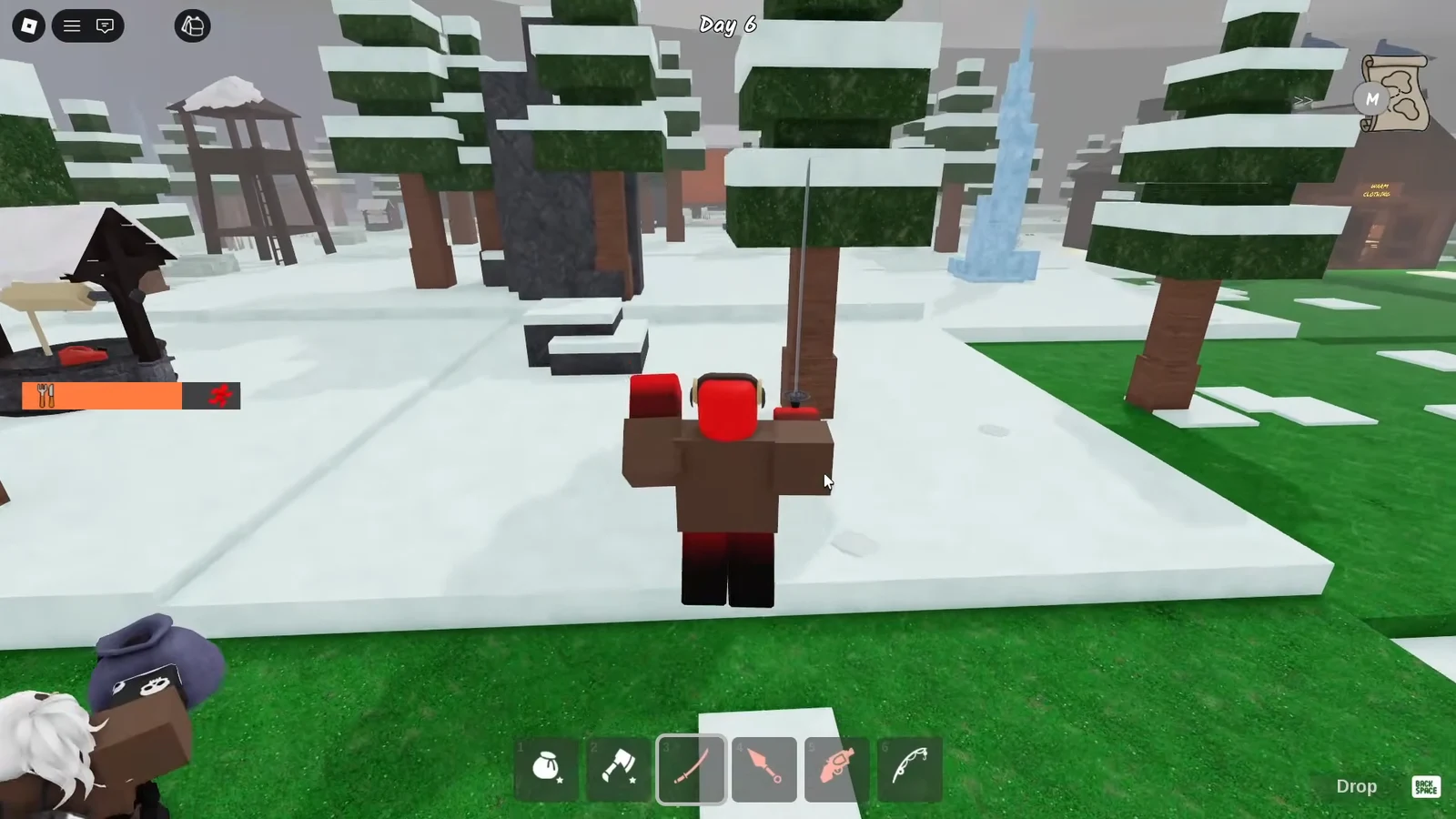 Day 6 snowy area with a curved bow selected in hotbar slot 3
