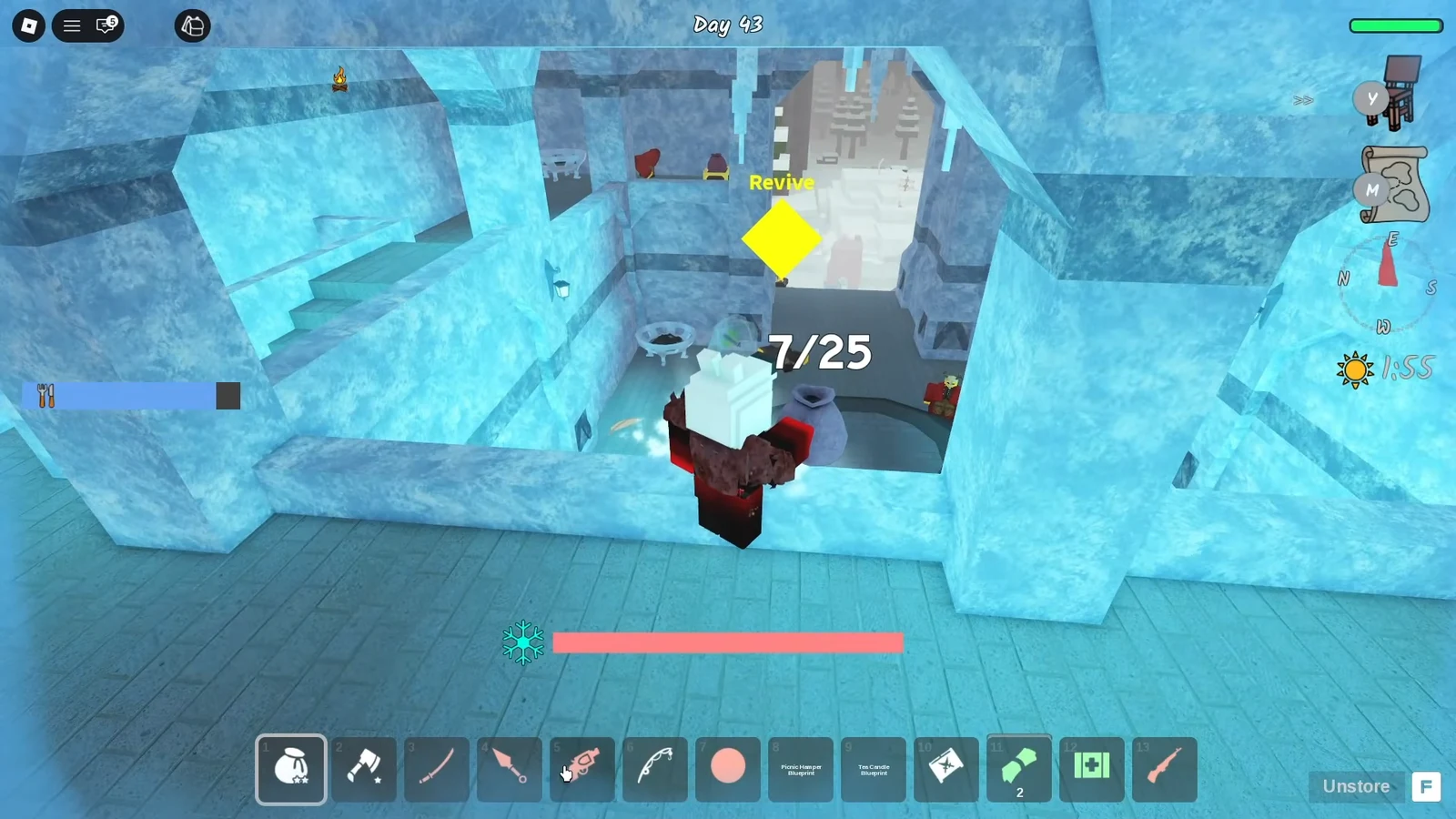 Icy cave with a yellow Revive marker and a 7 of 25 survivor count