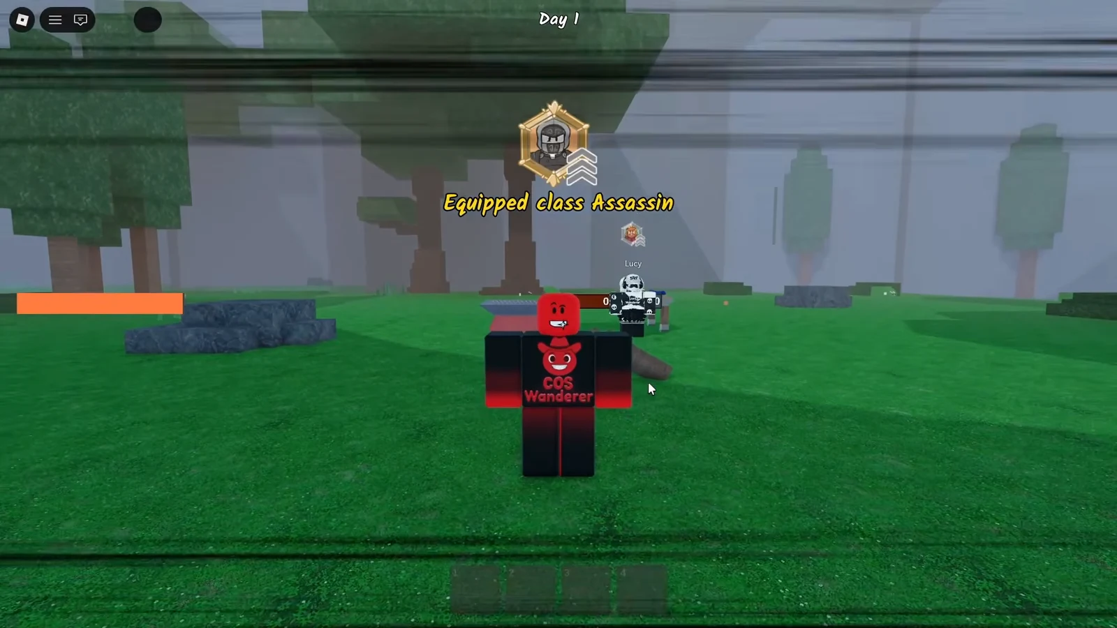Player standing in a grassy arena with Equipped class Assassin on screen