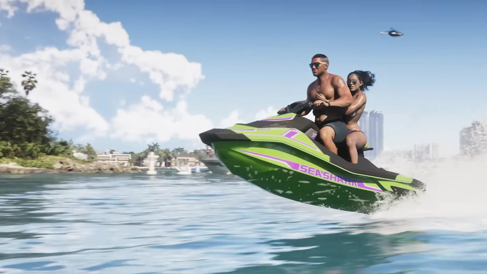 Purple sports car driving through Vice City showing reflections and ray tracing effects