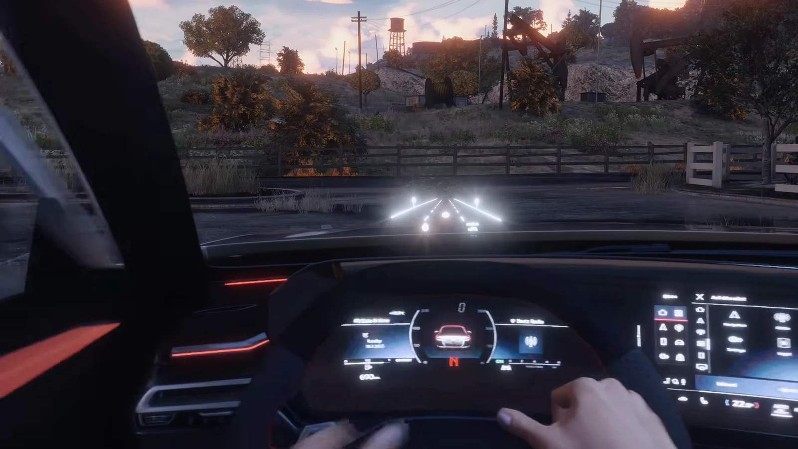 Car cockpit display in neutral with a vehicle-settings menu open on the infotainment screen