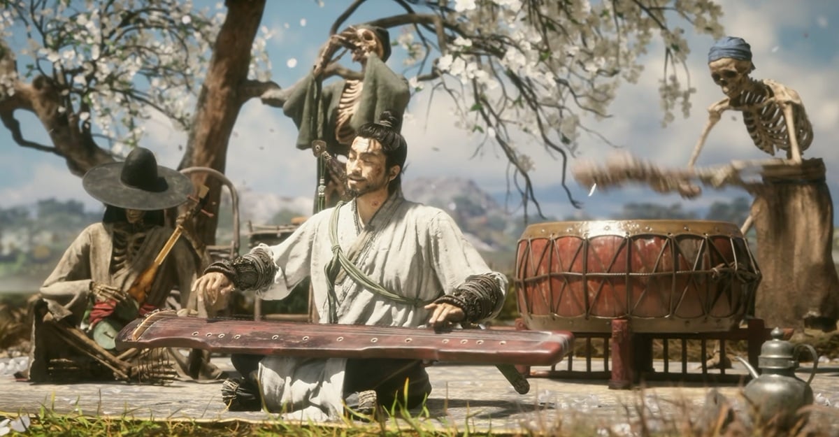 The protagonist performing traditional Chinese music alongside a band of skeletons