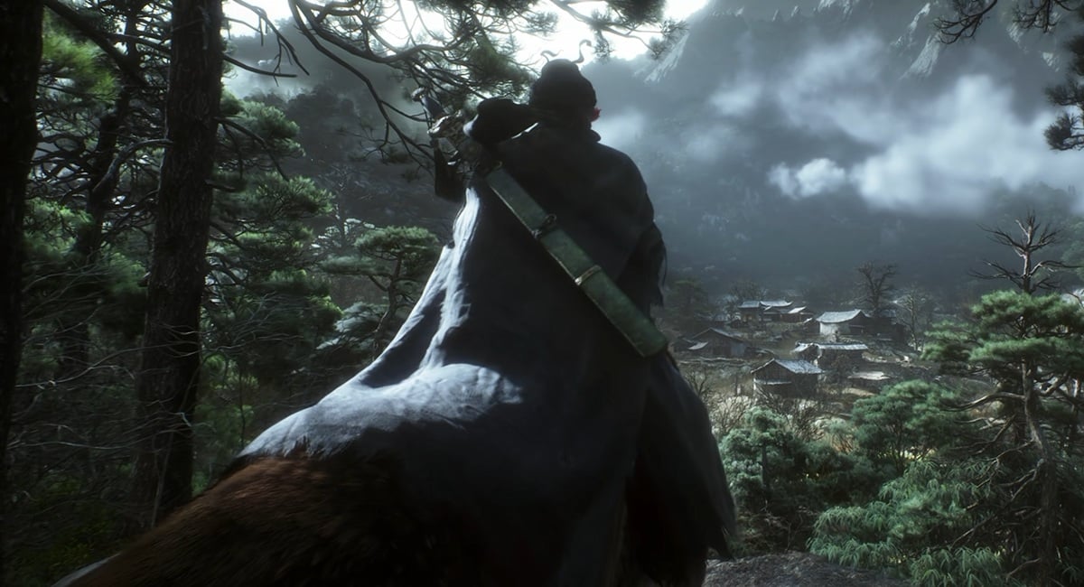 A rider on a large tiger-like beast crossing the landscape at the end of the trailer