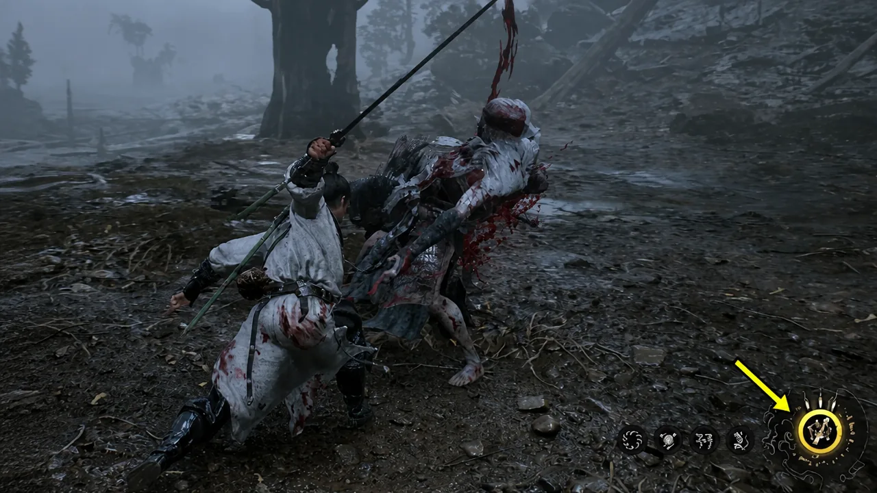Combat HUD with a circular skill icon lit up in the bottom-right corner during a sword strike