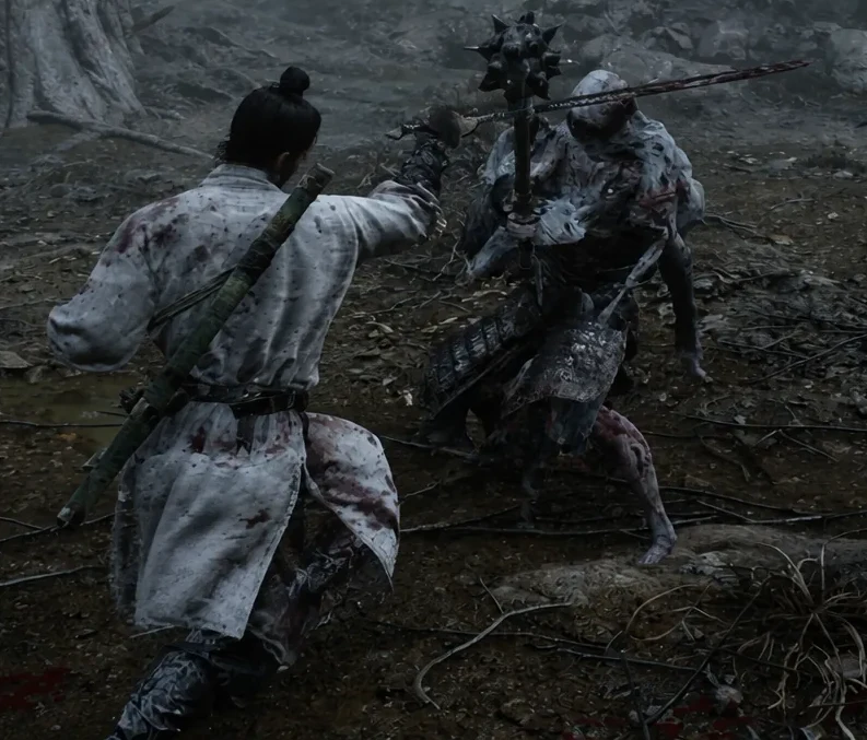 Swordsman thrusting his blade at a spear-wielding enemy during a duel in Black Myth: Zhong Kui