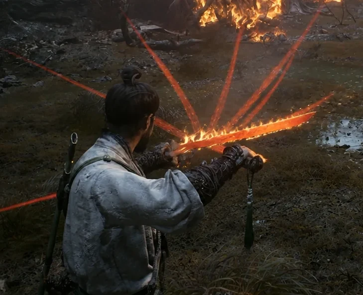 Protagonist swinging a sword wreathed in flames while launching a ranged attack