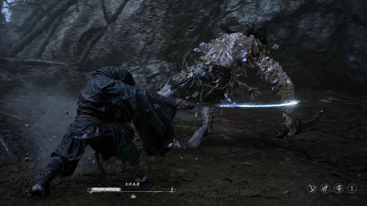 Sword strike landing on a large enemy with a boss health bar and ability icons on screen
