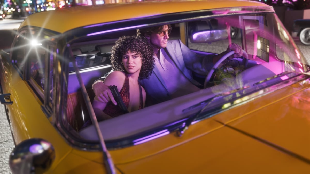 Jason and Lucia sitting in a yellow car during GTA 6 gameplay