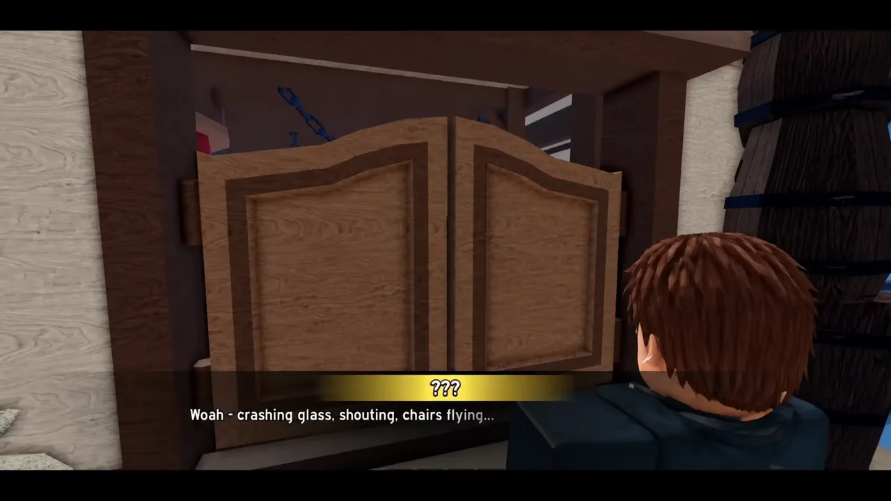 Blox Fruits dialogue box showing ??? as the player hears crashing glass and shouting