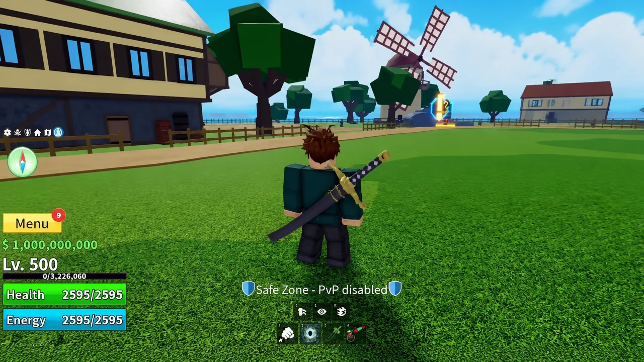 Blox Fruits gameplay with the redesigned HUD and the Menu button highlighted