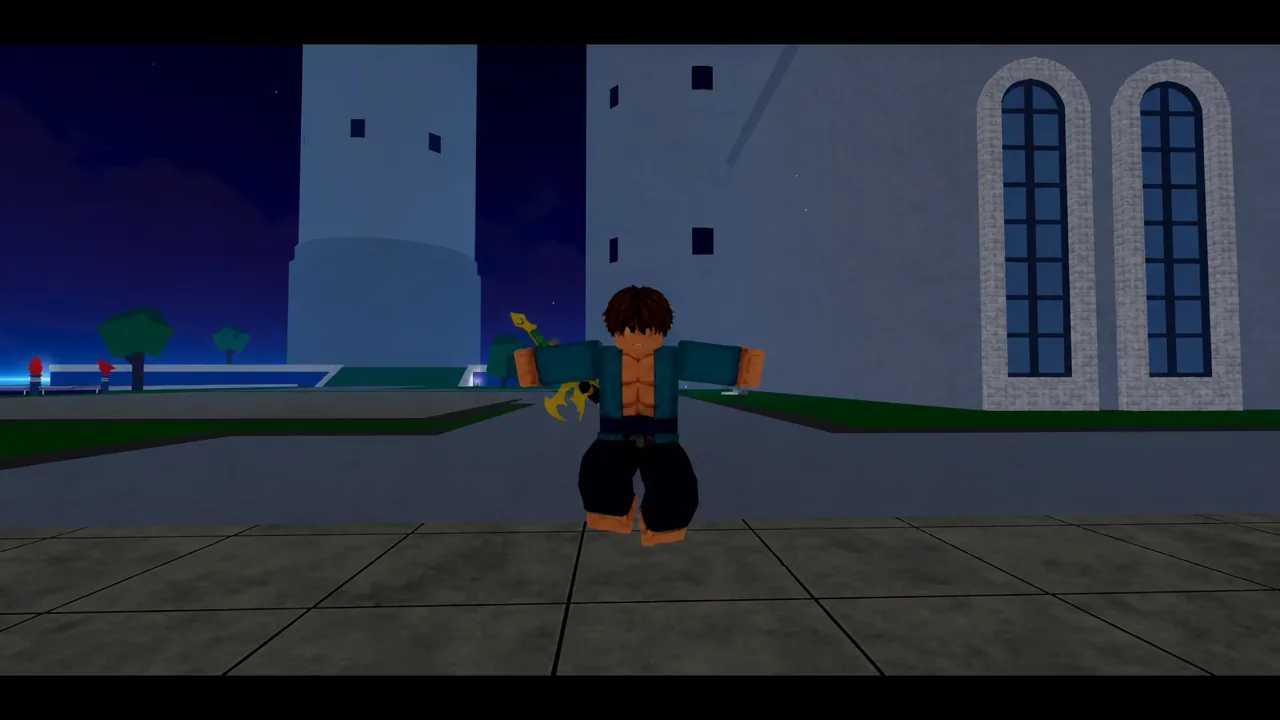 Blox Fruits character hovering in a town plaza with arms outstretched, showing the Magnet passive