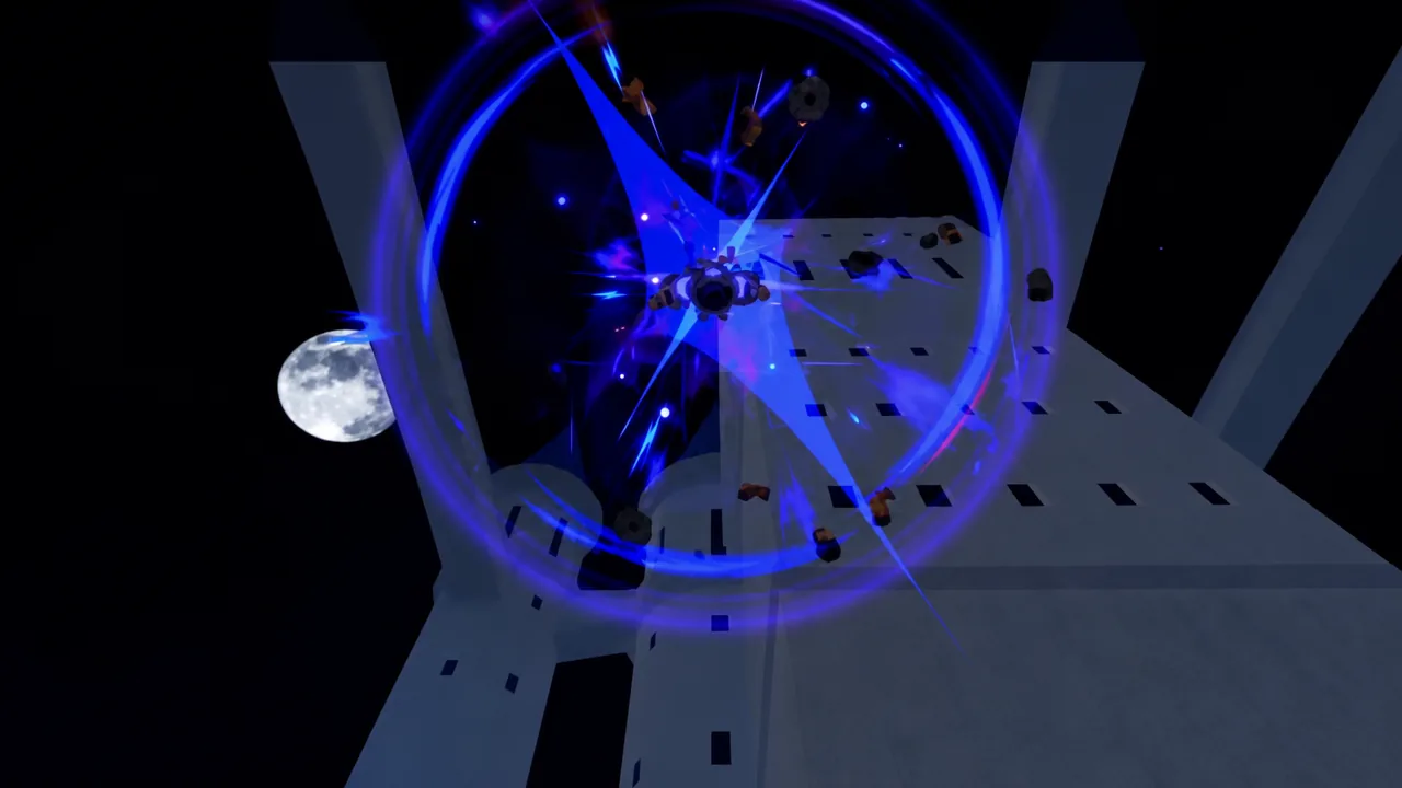 Bright blue magnetic energy blast erupting above a shattered platform in Blox Fruits