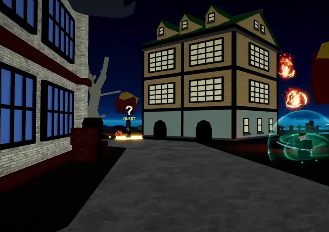 Player activating a glowing combat ability near a building with a QUEST marker visible