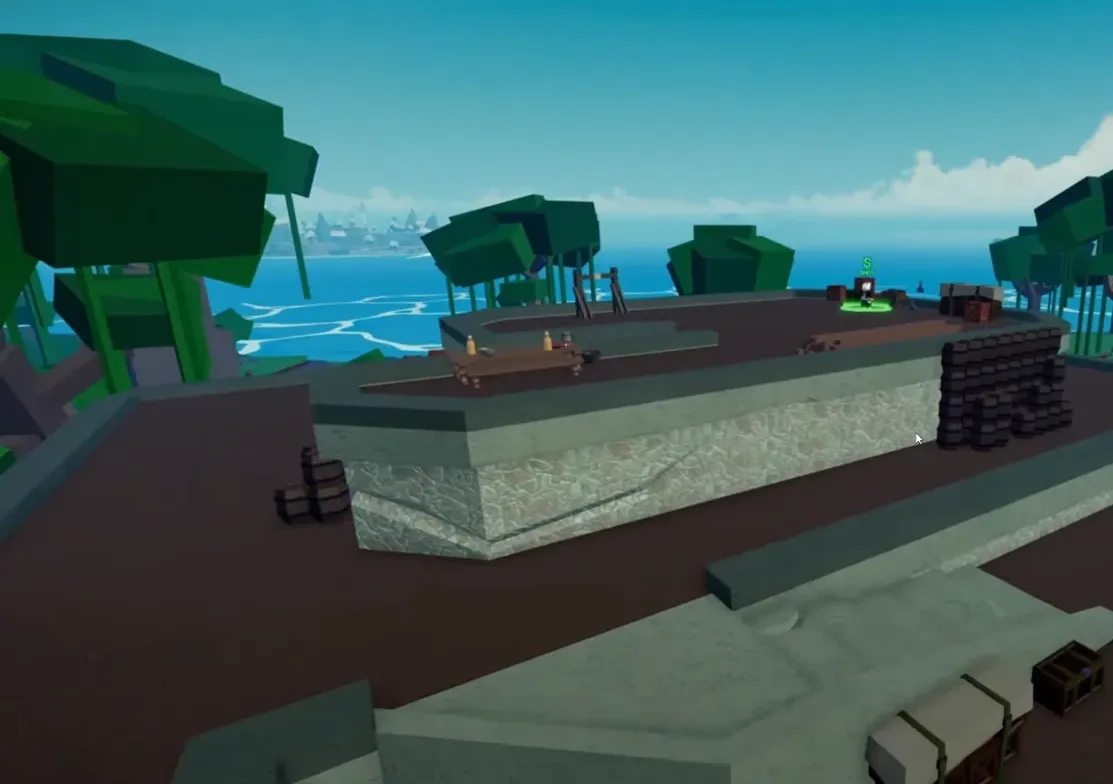 Rooftop harbor with crates, barrels, trees, ocean, and a glowing NPC marker in the distance