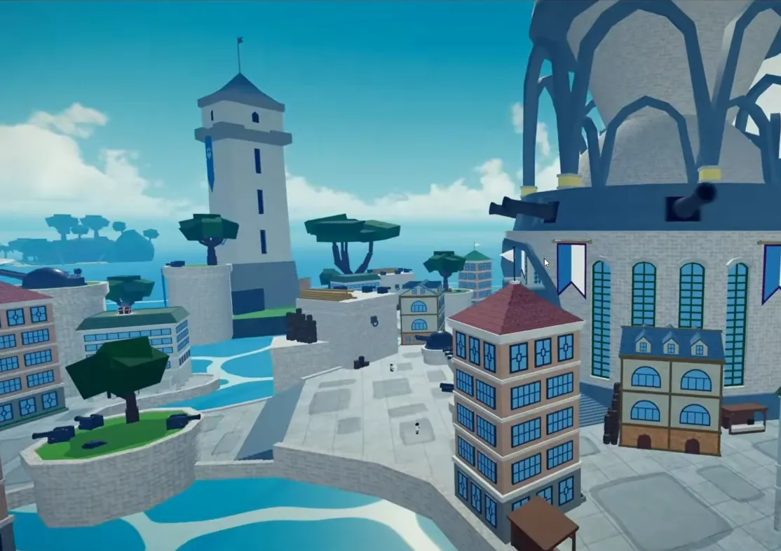 Aerial view of a castle-filled island city in the Update 30 teaser