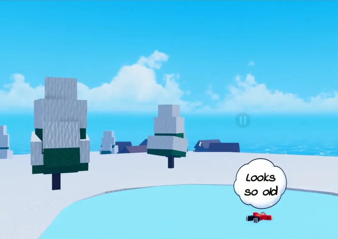 Blox Fruits character in a snowy pool with a speech bubble reading Looks so odd