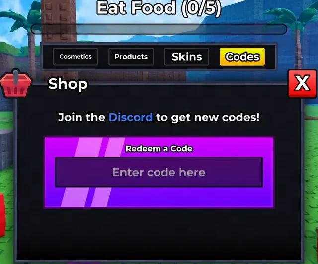 Shop menu in Evolve & Survive with the Codes tab open and an empty entry field