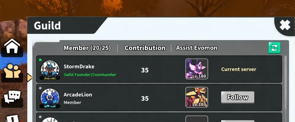 Evomon Guild menu open on the Member tab with the roster and Follow buttons visible