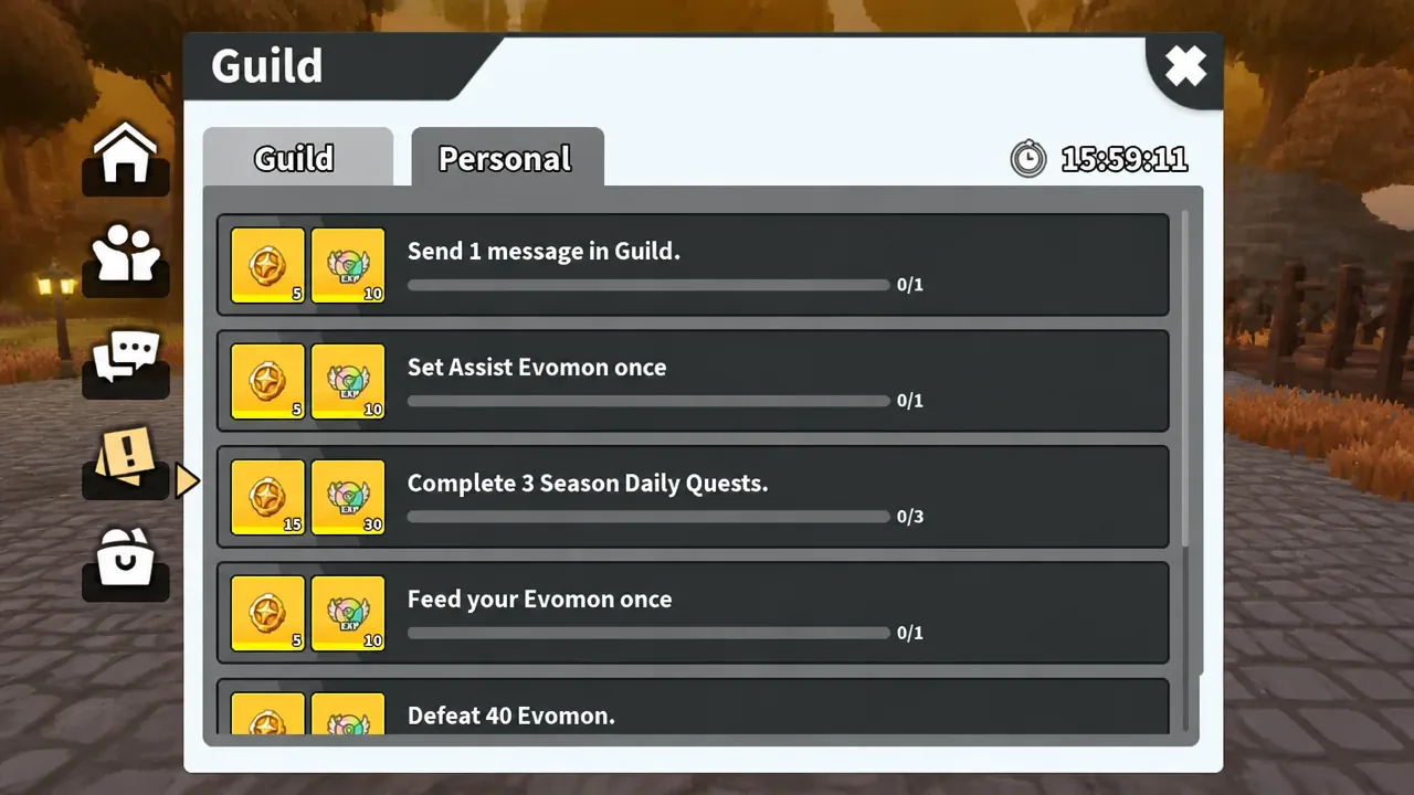 Evomon Guild quests panel on the Personal tab showing task progress bars