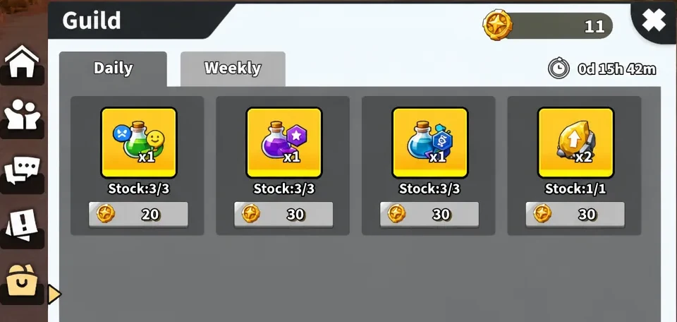 Evomon Guild Shop Daily tab listing purchasable rewards with their Guild Coin prices