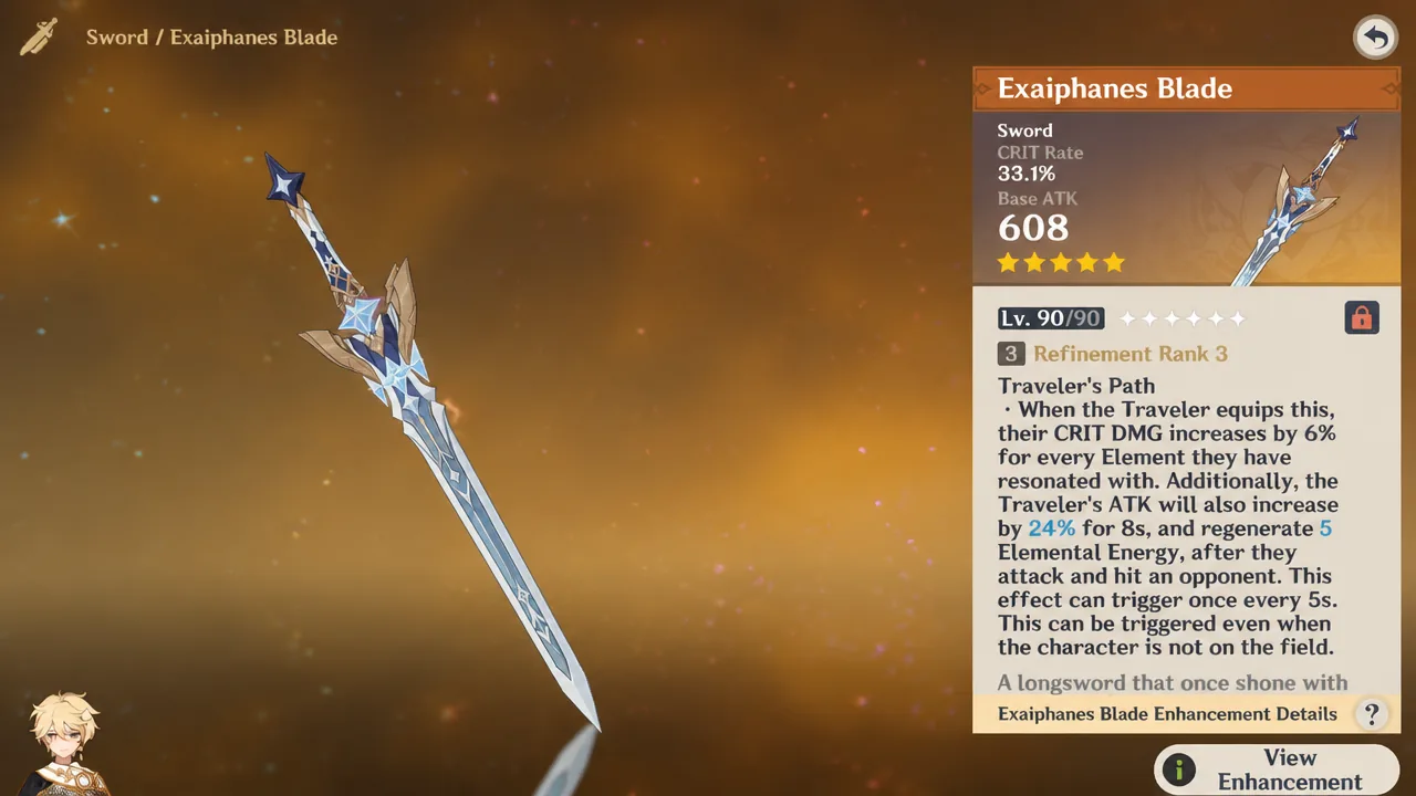 genshin-impact-how-get-upgrade-refine-exaiphanes-blade-traveler-sword-snezhnaya-statue-of-the-seven-location - traveler's sword