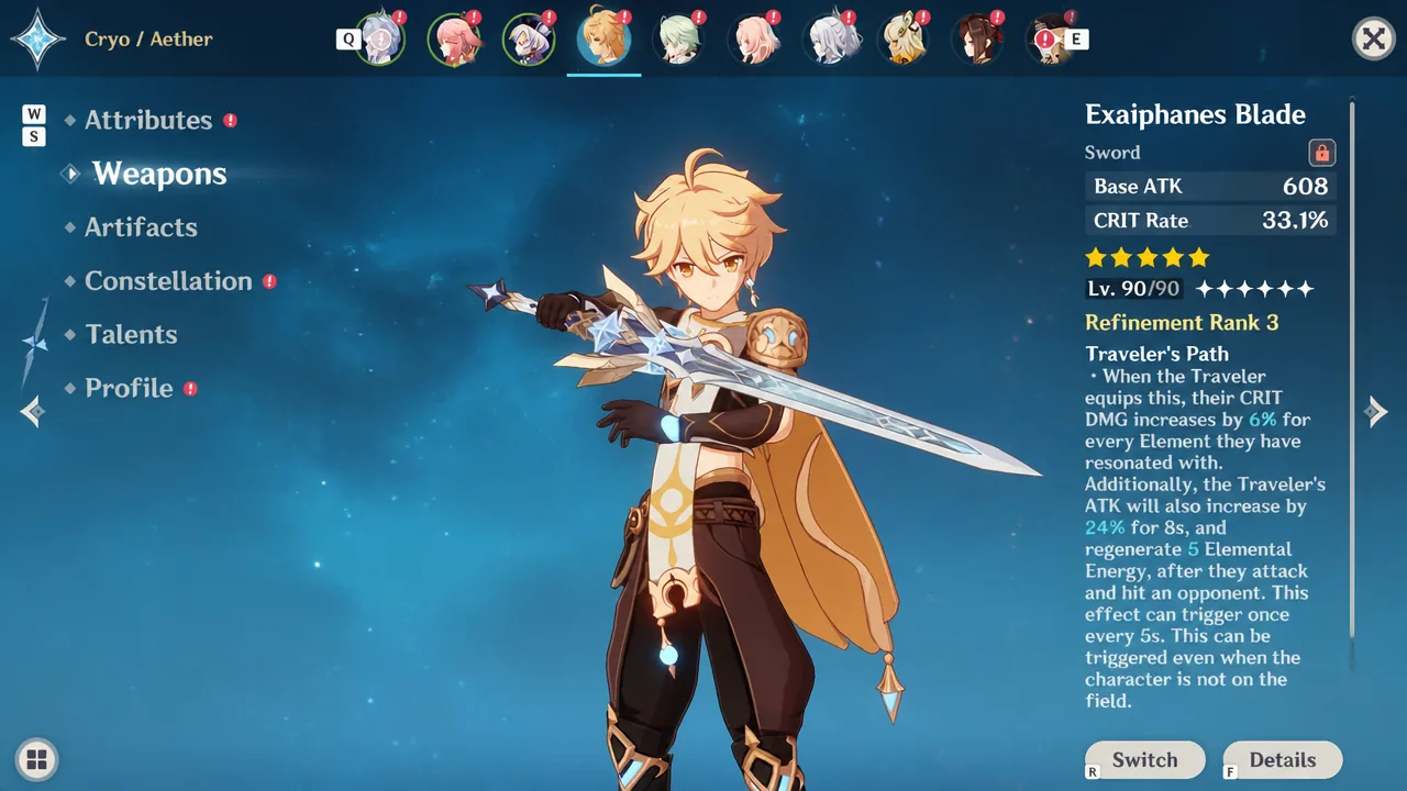 genshin-impact-how-get-upgrade-refine-exaiphanes-blade-traveler-sword-snezhnaya-statue-of-the-seven-location - lv90