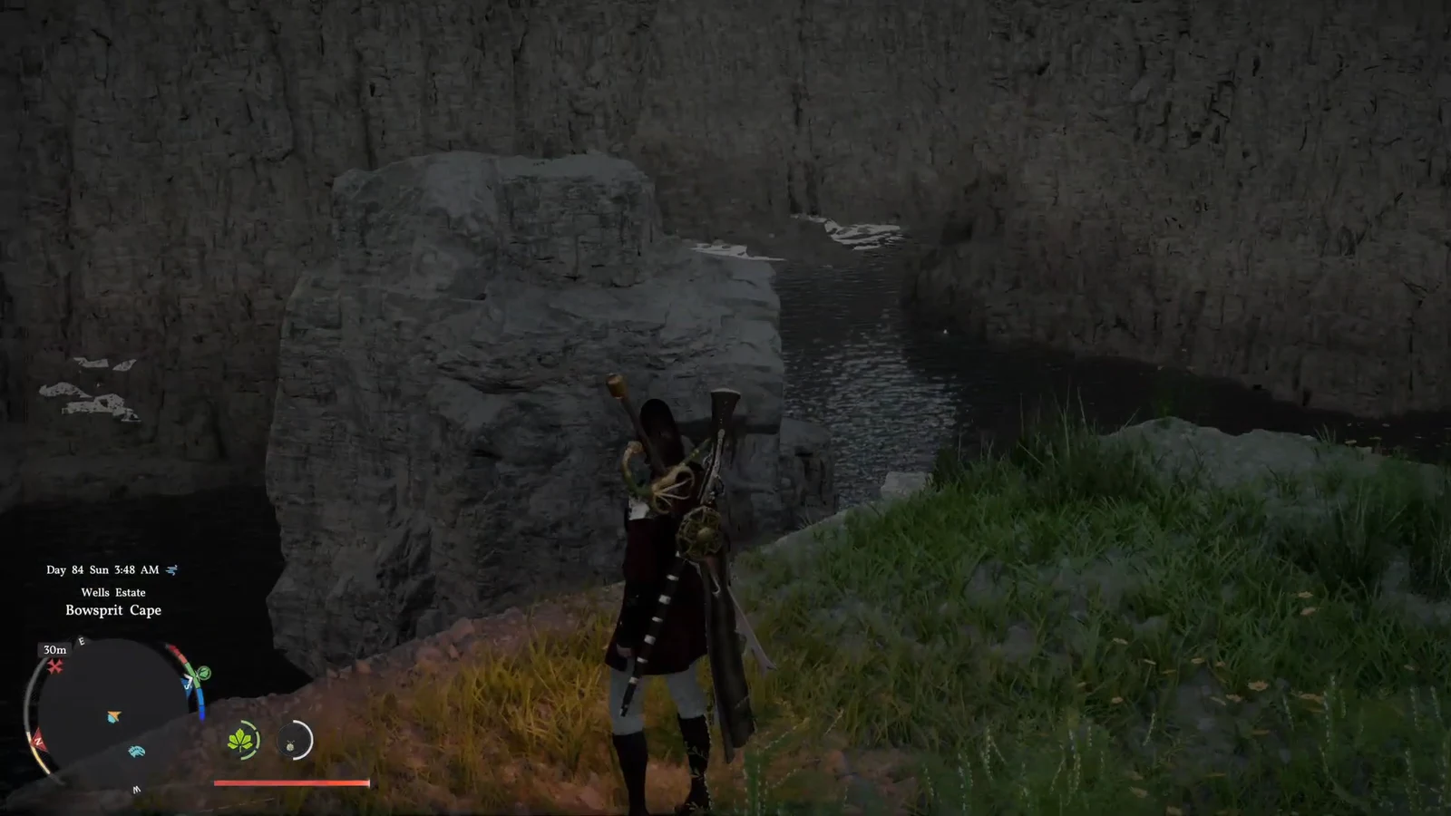 Character gliding along a rocky waterway beside a cliff at Bowsprit Cape