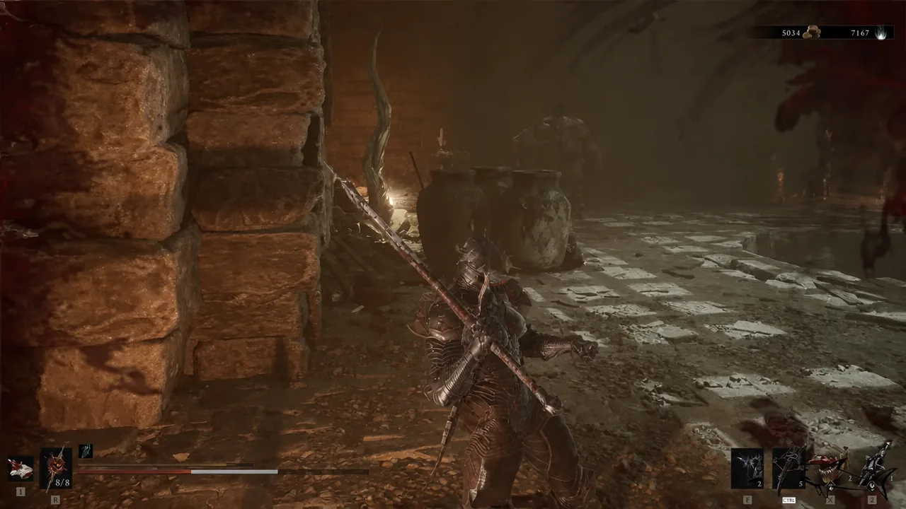 The Harbinger battles a large armored beast and smaller foes in a flooded sewer chamber