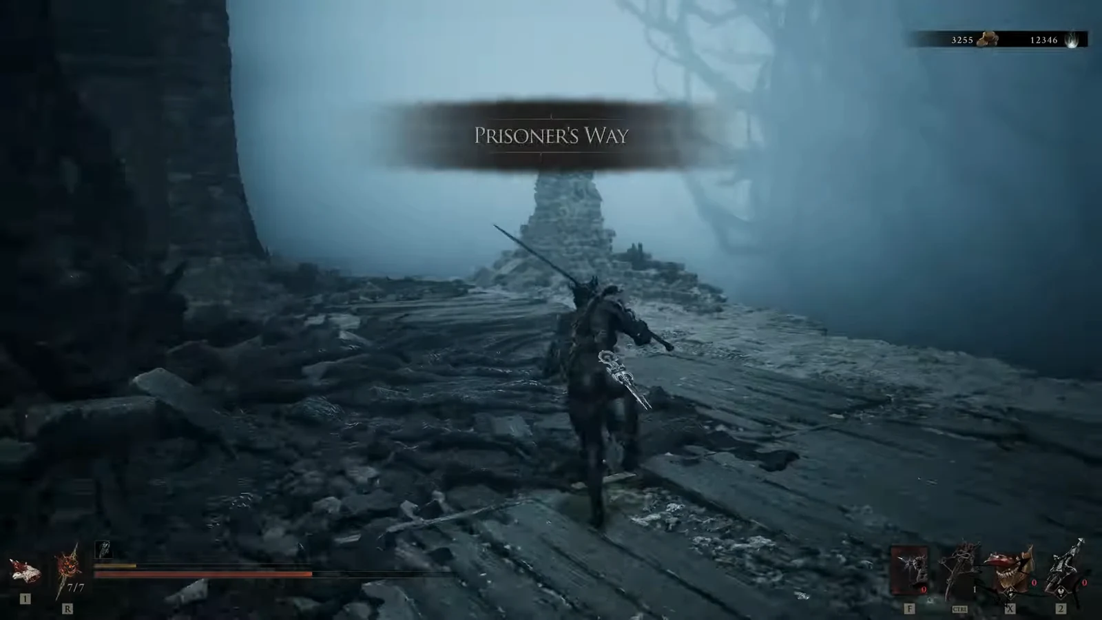 The Prisoner's Way area title appears on screen as the Harbinger runs down a fog-covered ruined path