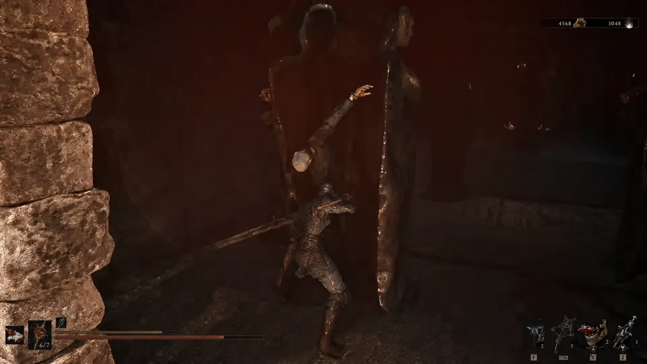 The Harbinger swings mid-attack at a towering enemy inside a dark stone corridor