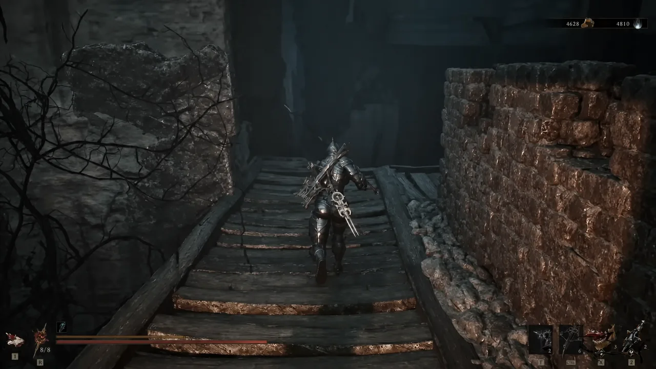 The armored Harbinger crosses a narrow wooden bridge suspended over the prison ruins