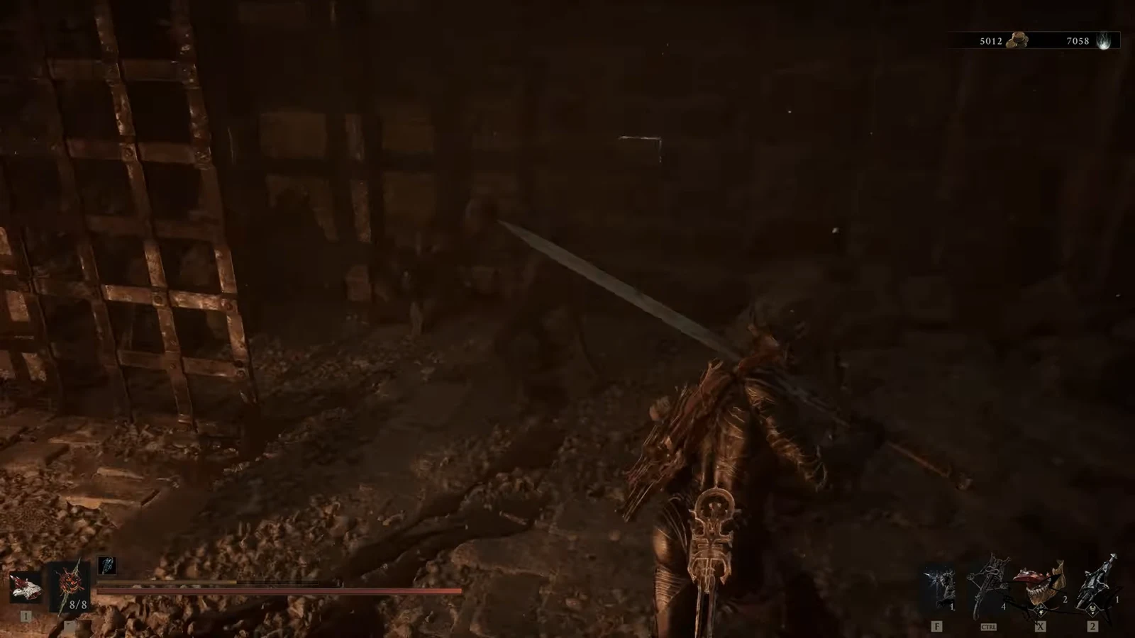 The Harbinger fights an enemy with a drawn sword inside a dark rubble-strewn sewer passage