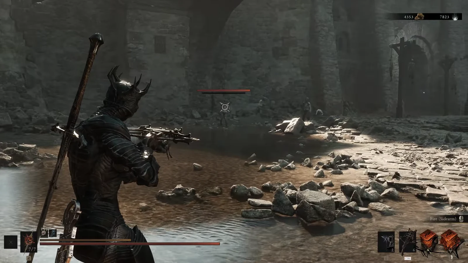 Player aiming the crossbow Sidearm at an enemy inside a flooded ruin