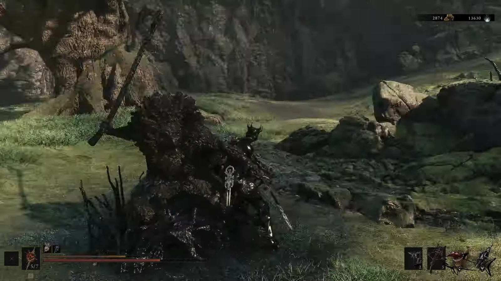 Armored player fighting with a sword in a rocky forest with health and resource bars active