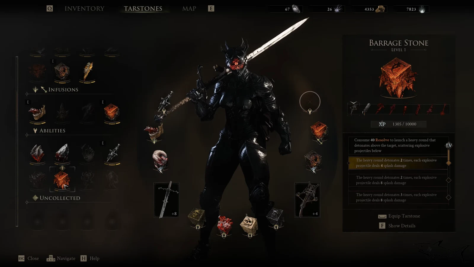Tarstones menu with Barrage Stone Level 1 and its first upgrade mutation selected