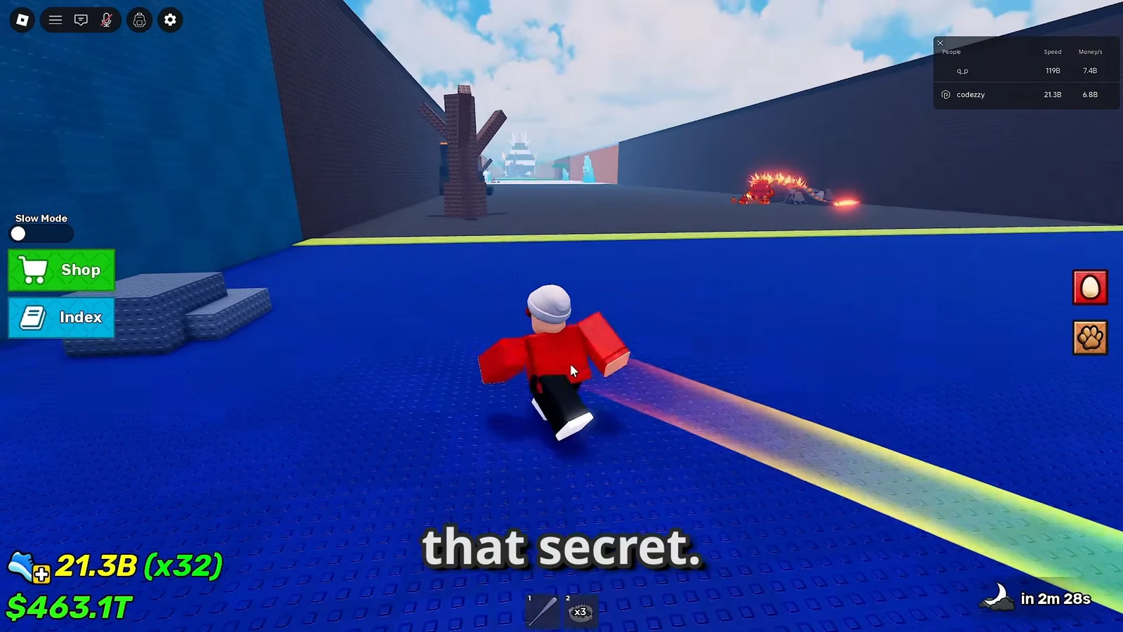 Red player running a glowing path with Shop and Index buttons on the Steal an Egg HUD