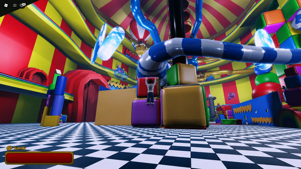 Player climbing stacked colorful blocks toward the overhead blue pipes