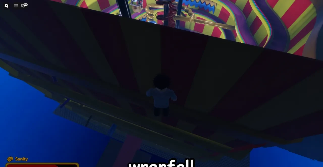 Avatar falling beneath a colorful platform after leaving the map boundary