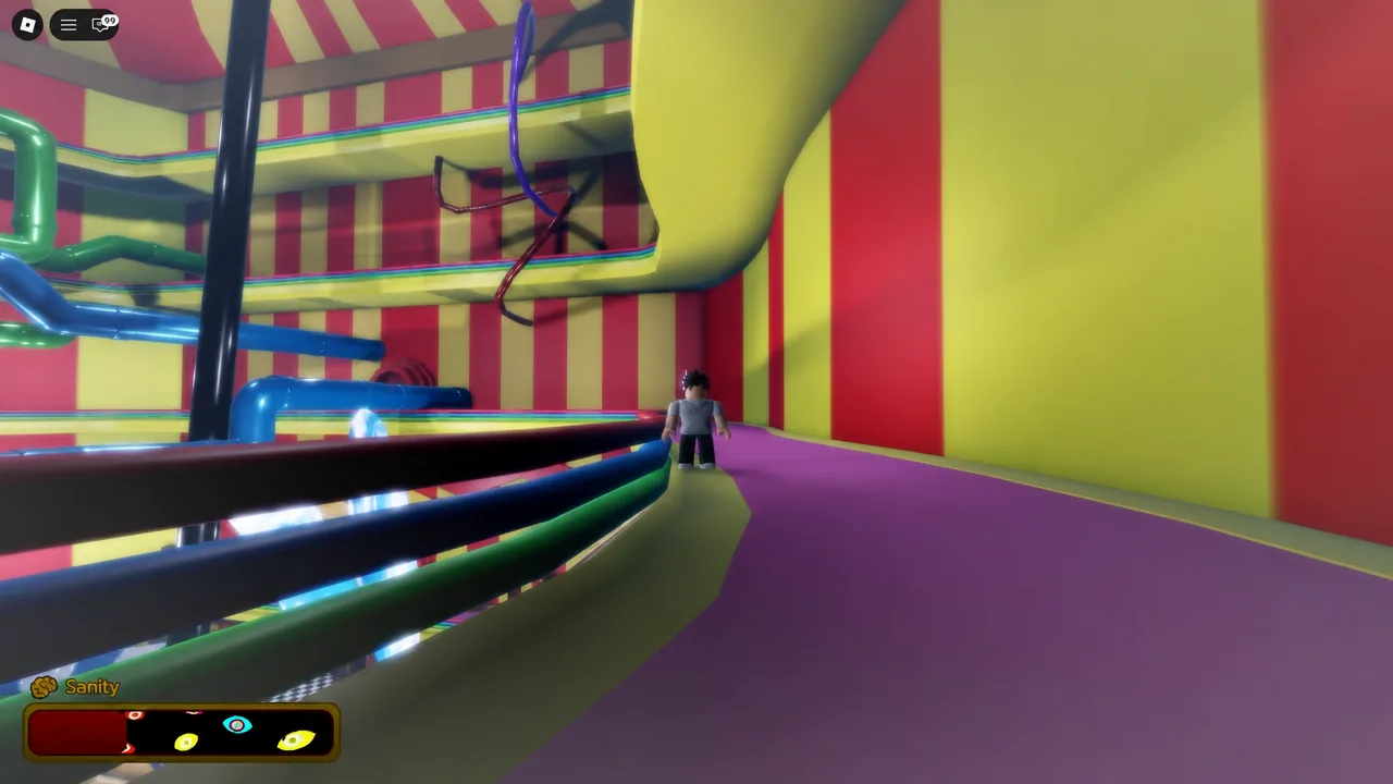 Player moving through a colorful industrial corridor with the Sanity meter on screen