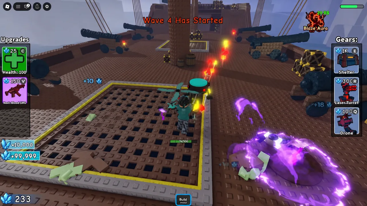 Wave 4 gameplay defending the ship with the Build button visible