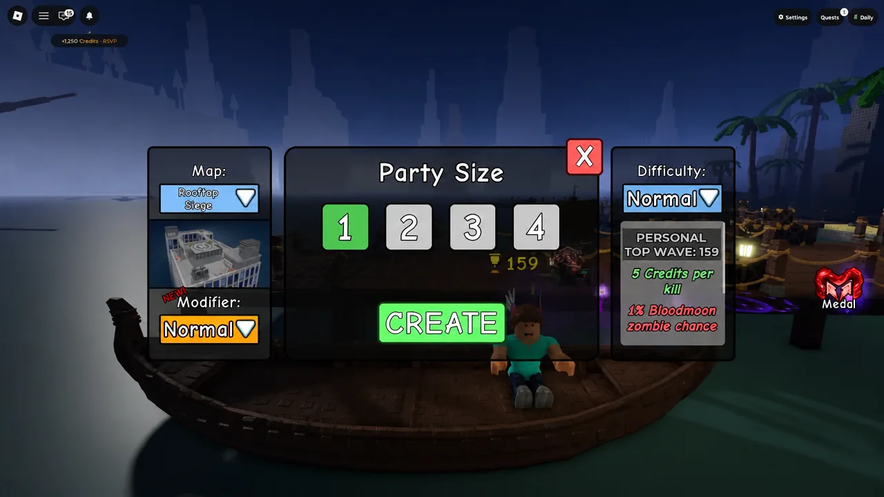 Party Size menu with party size 1 selected before creating a solo match