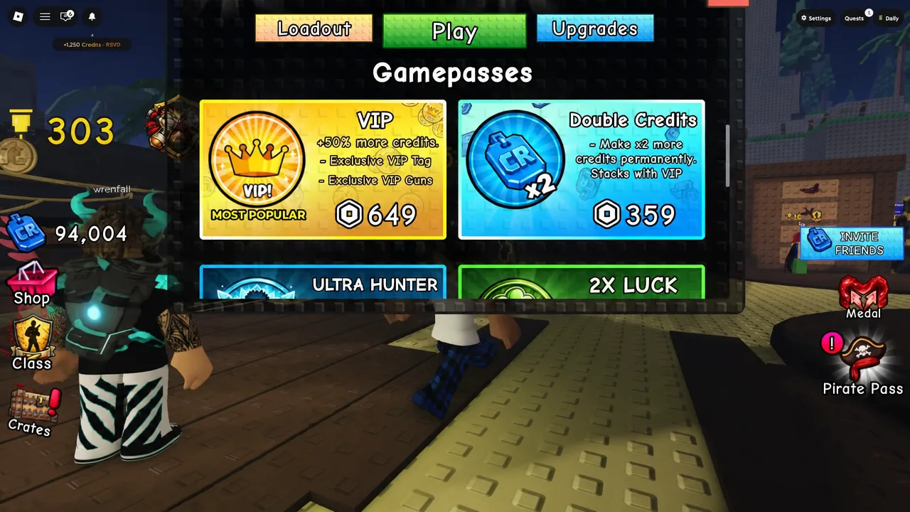 Gamepasses screen showing the VIP purchase card among available options