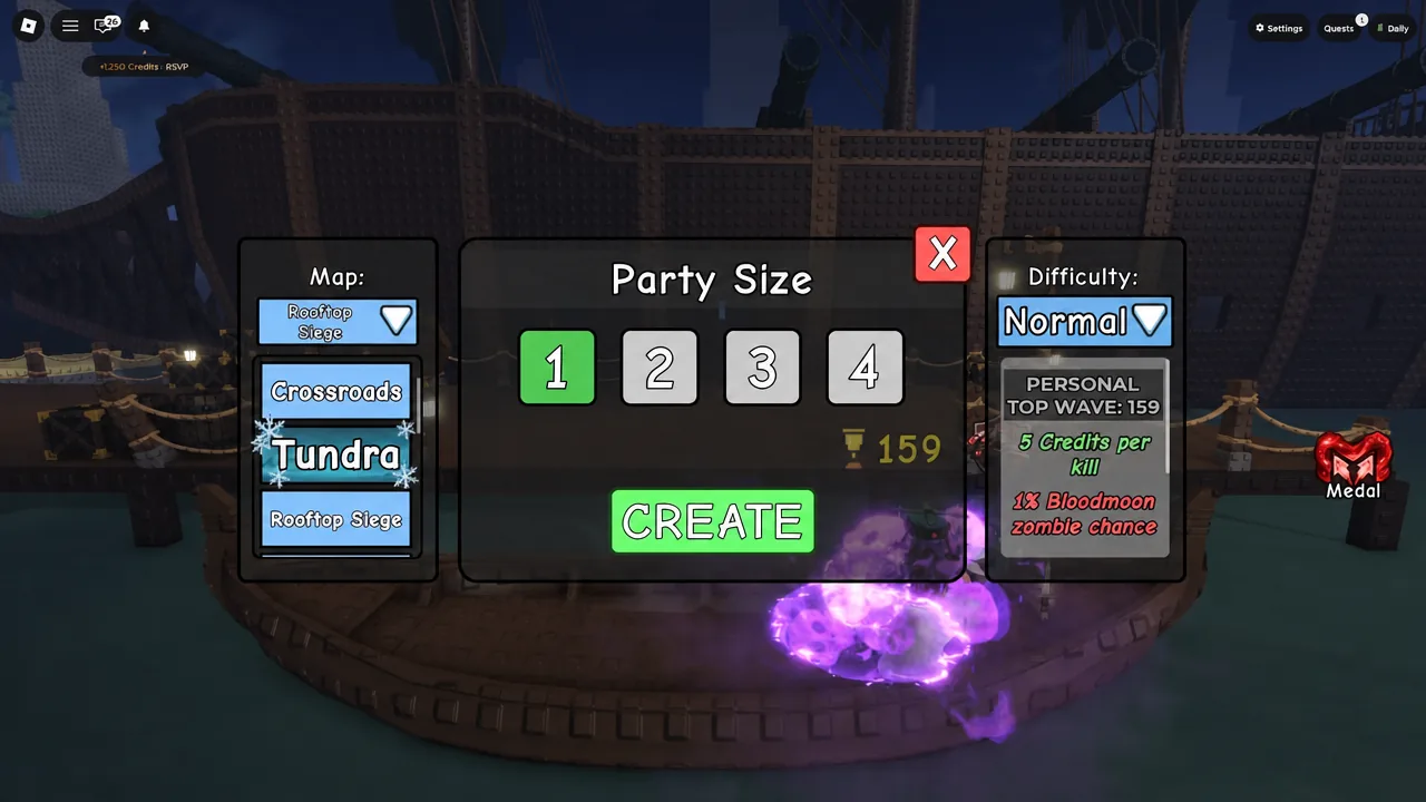 Party Size menu with party size 1 selected and a map highlighted before Create