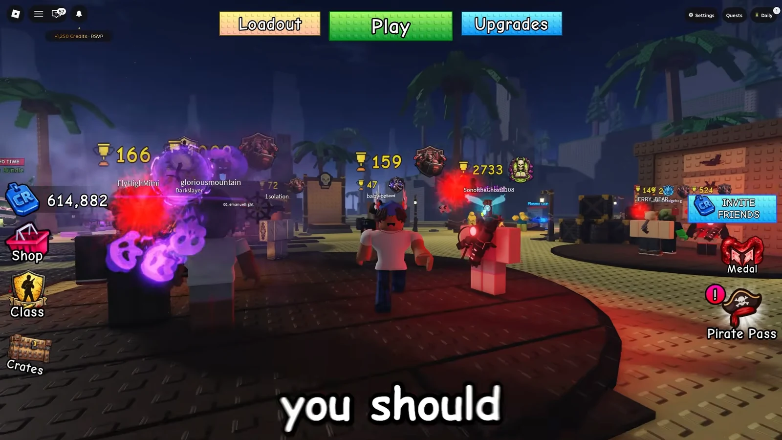 Survive Zombie Arena lobby with Loadout, Play, and Upgrades buttons visible