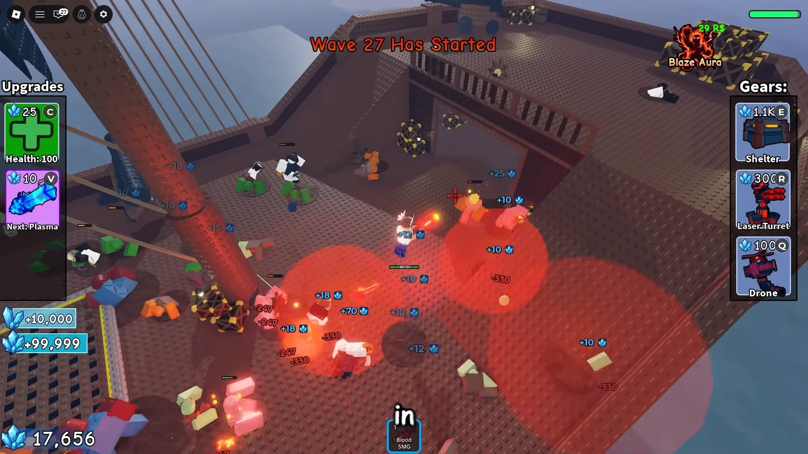 Wave 27 gameplay with Shelter, Laser Turret, and Drone gear firing at zombies