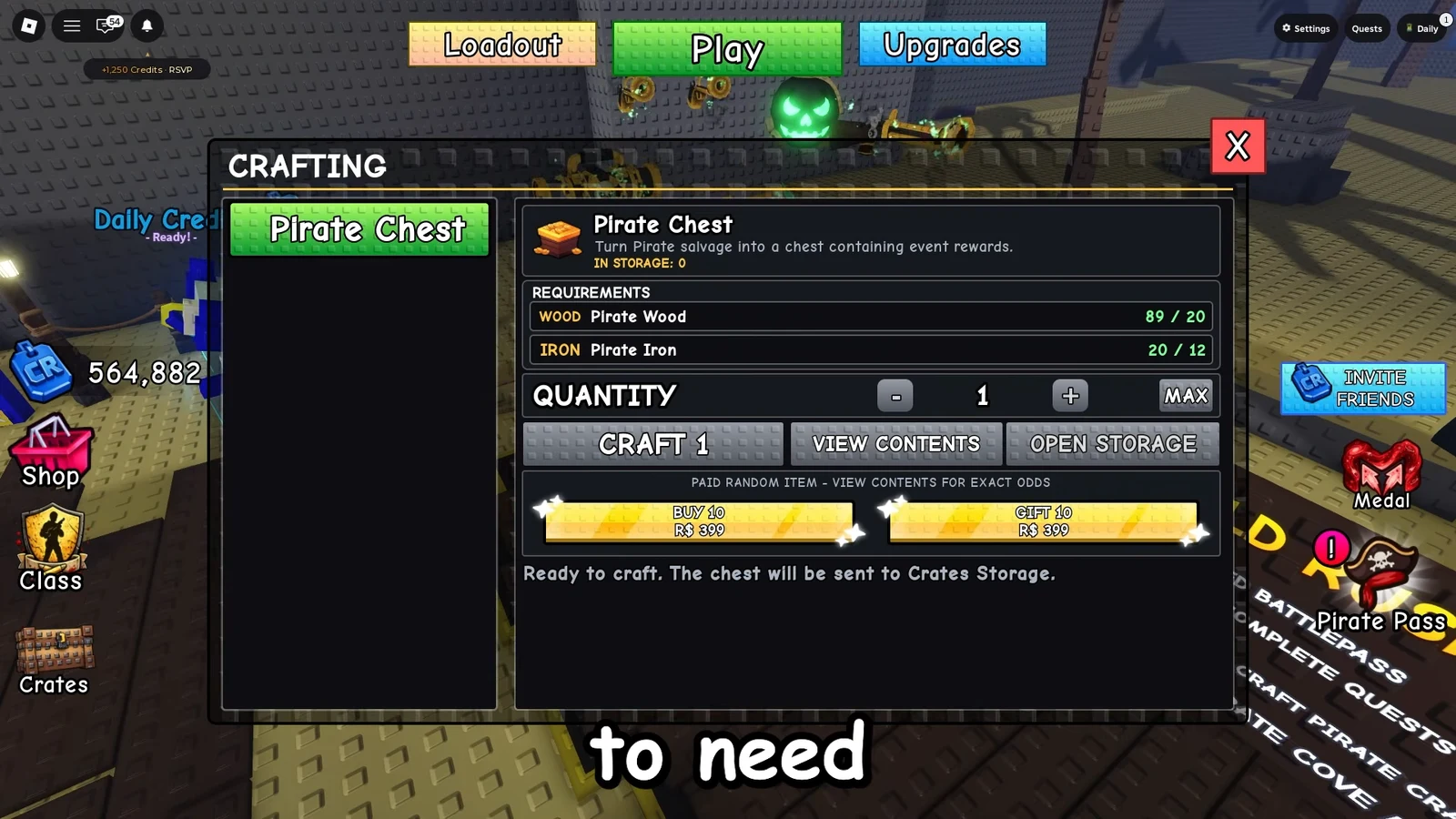 Crafting menu with Pirate Chest selected, materials met, and the Craft 1 button active